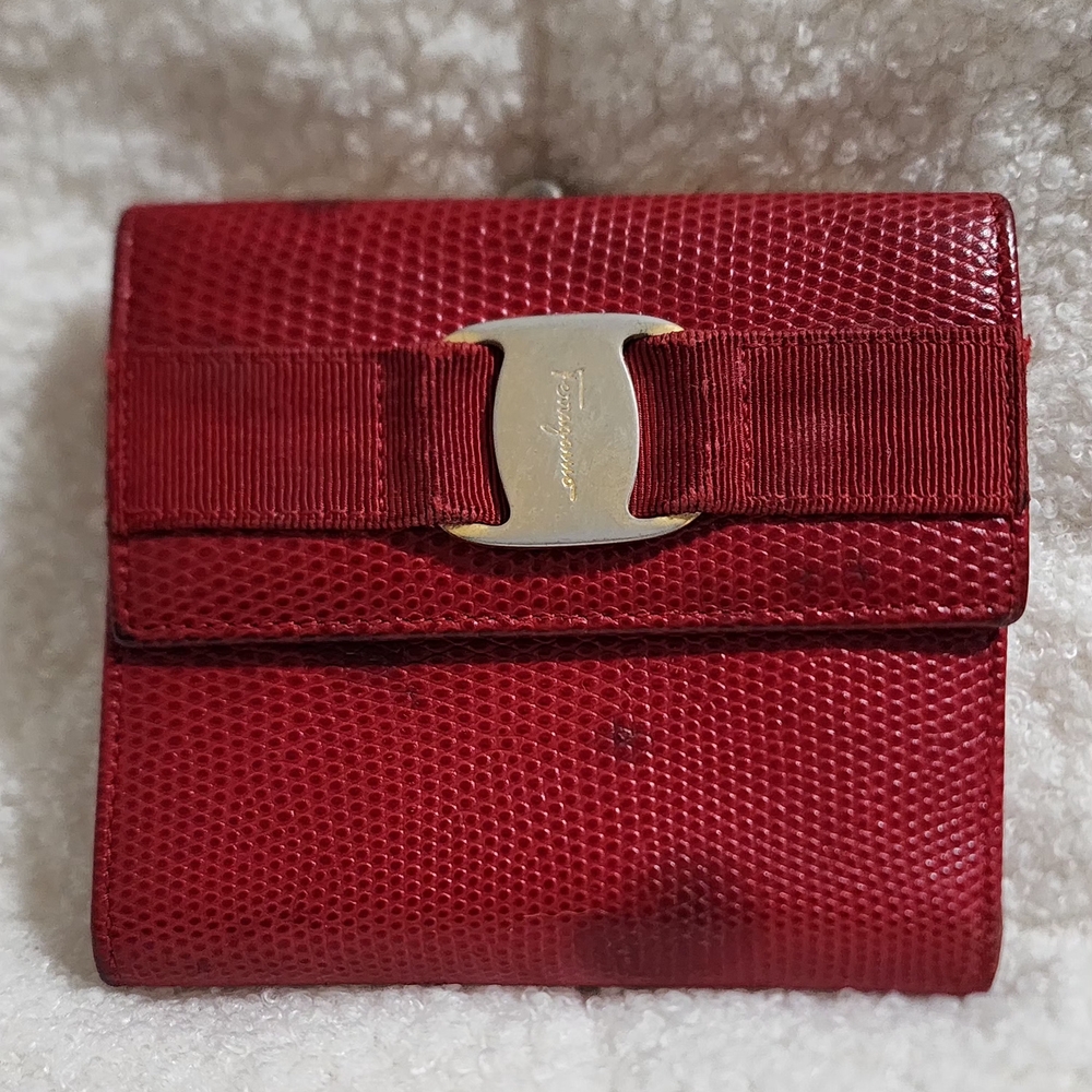 Salvatore Ferragamo Red Textured Wallet with Gold Buckle